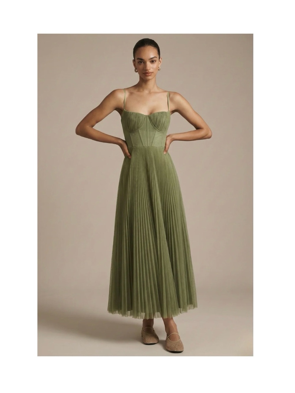 Olive Green Pleated Midi Dress with Corset-Inspired Bodice